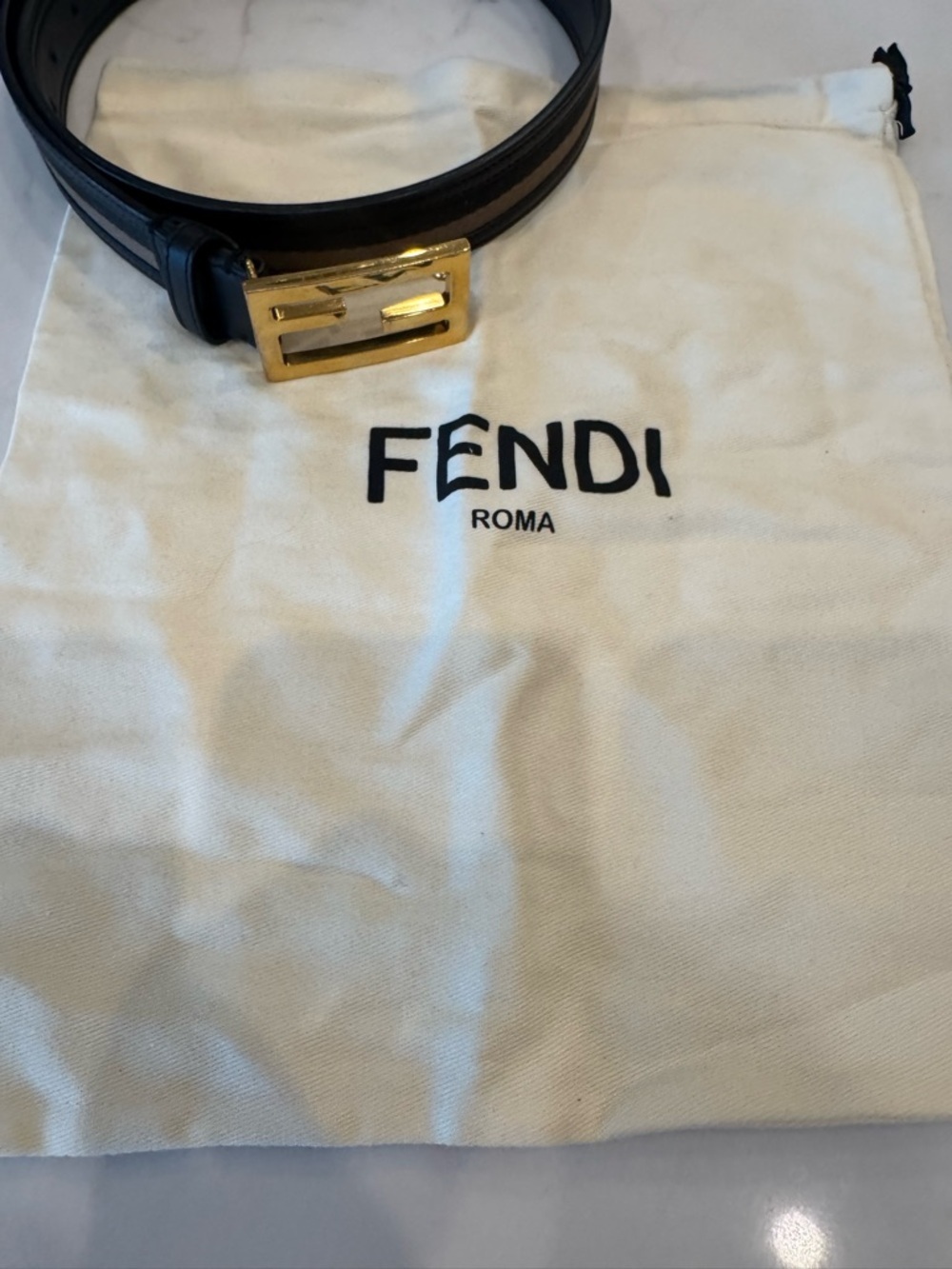 Fendi Black Baguette Leather $ Fabric Belt with Gold Fendi Logo Buckle - Picture 3 of 8